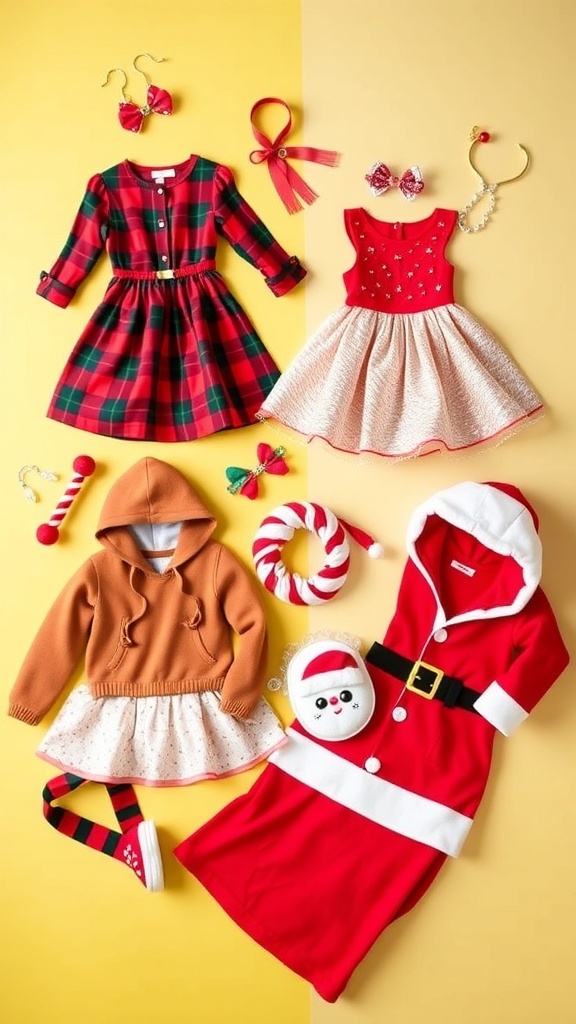 A variety of festive Christmas outfits for kids, including dresses, sweaters, and accessories, displayed in a colorful setting.
